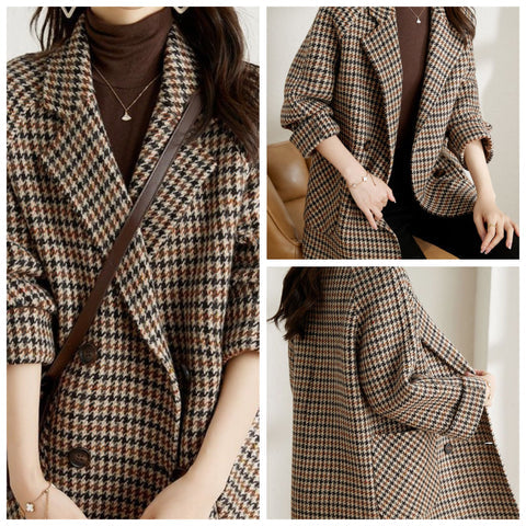 Cappotto invernale lungo da donna, design oversize a quadri per un look caldo, elegante e alla moda.