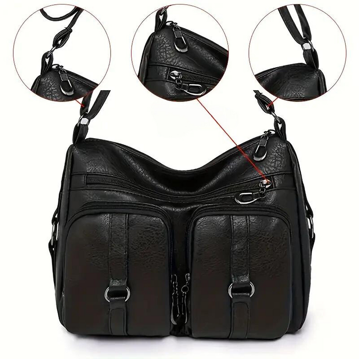 Borsa a tracolla in sintetico resistente, multitasche e tracolla regolabile, ideale per organizzazione quotidiana.