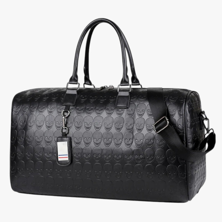 Borsa da viaggio nera donna, con distintivo motivo teschio. Borsone elegante e spazioso per ogni avventura.