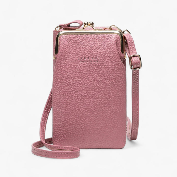 Portafoglio portacellulare donna in pelle PU con cerniera, scomparti interni, accessorio pratico e versatile.