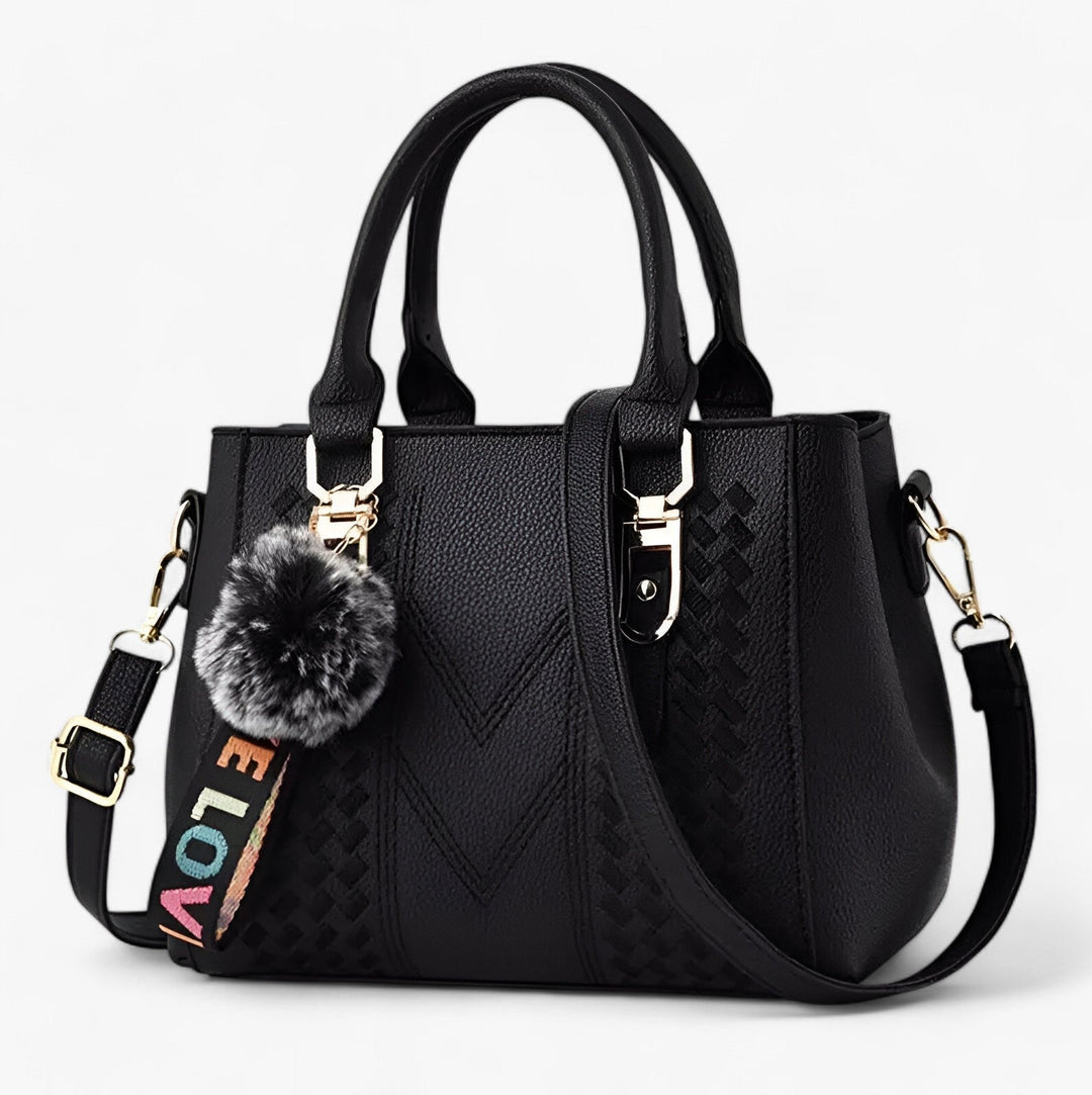 Borsa a mano donna elegante in pelle PU con tracolla removibile e pompon decorativo.
