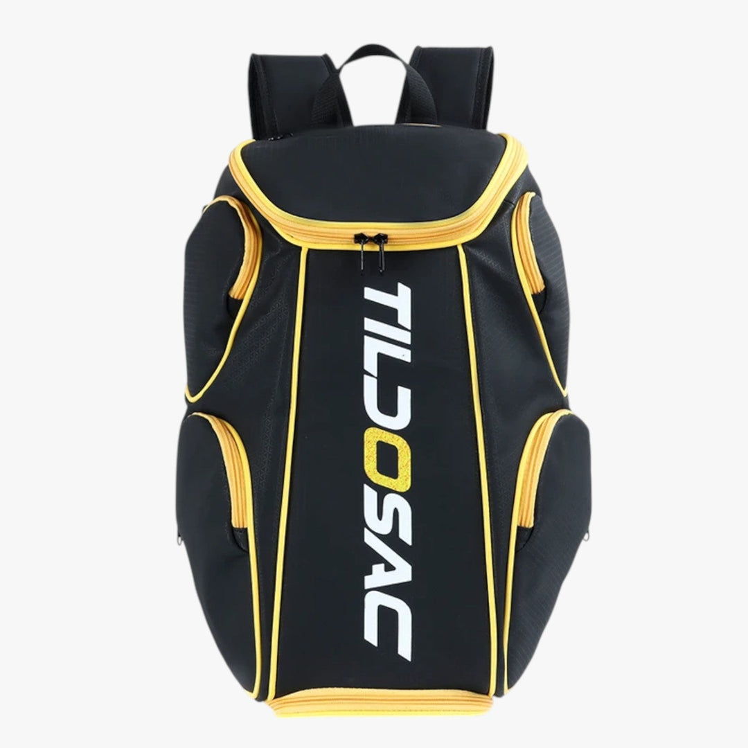 Zaino da tennis professionale nero e bianco per uomo e donna, con vano porta racchette e scarpe integrato.