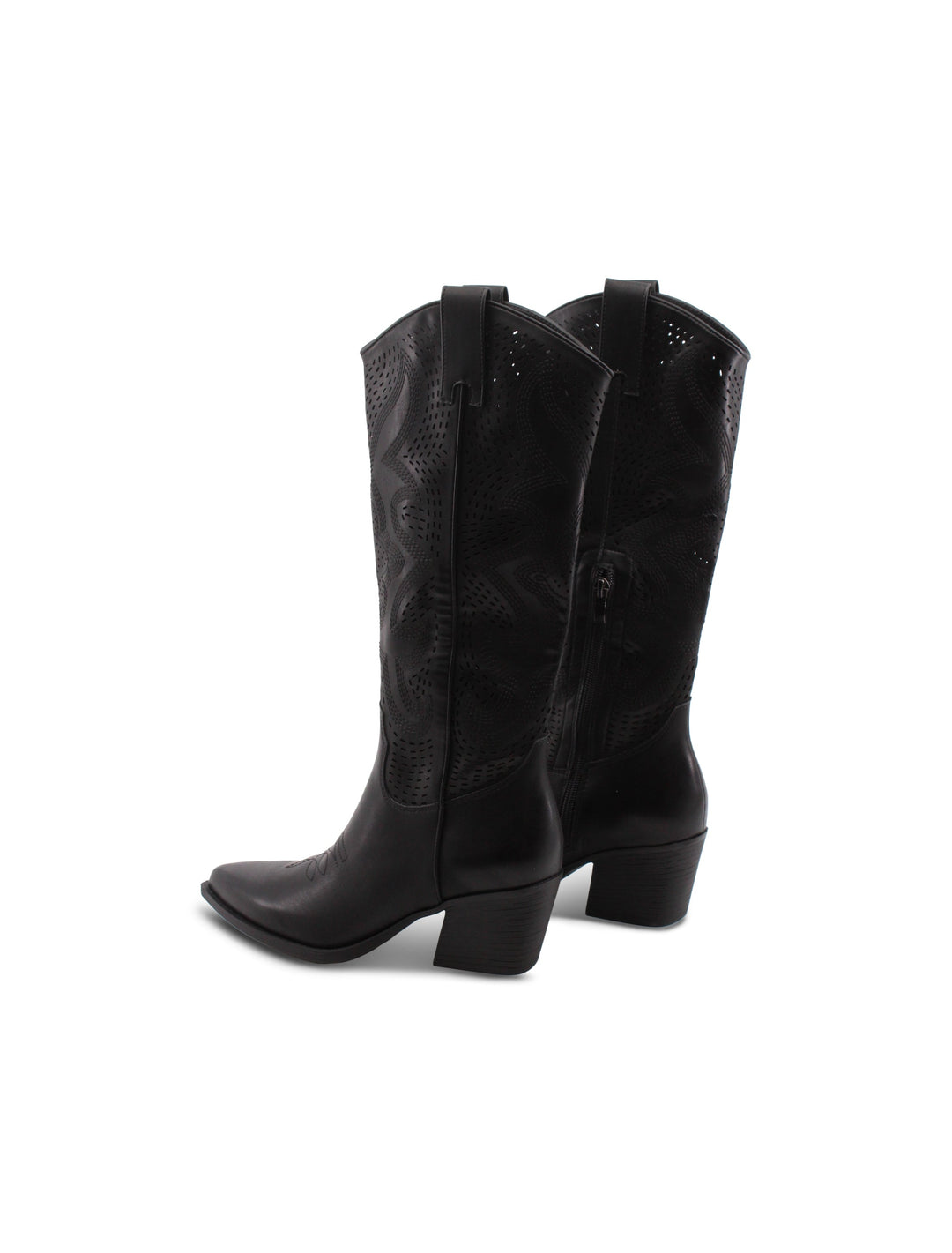 Stivali donna neri stile western con tacco 6 cm. Calzature comode con zip, perfette per l'autunno inverno.
