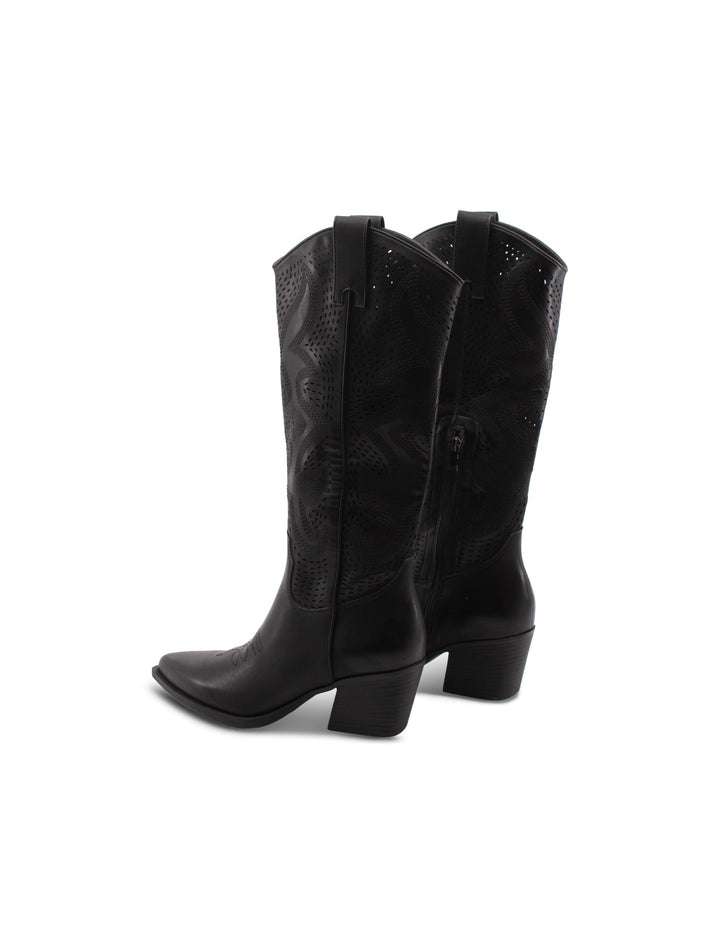 Stivali donna neri stile western con tacco 6 cm. Calzature comode con zip, perfette per l'autunno inverno.