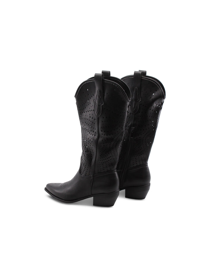 Stivali texani donna neri, perfetti per un look sofisticato con tacco e zip, stile western attuale e versatile.