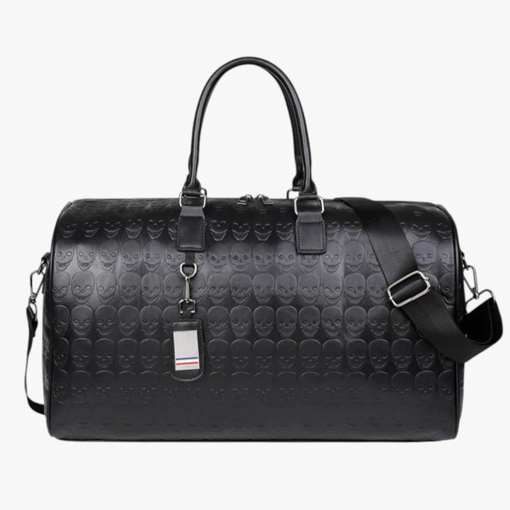 Borsone viaggio donna nero elegante con motivo teschio. Borsa capiente per weekend o accessorio moda.