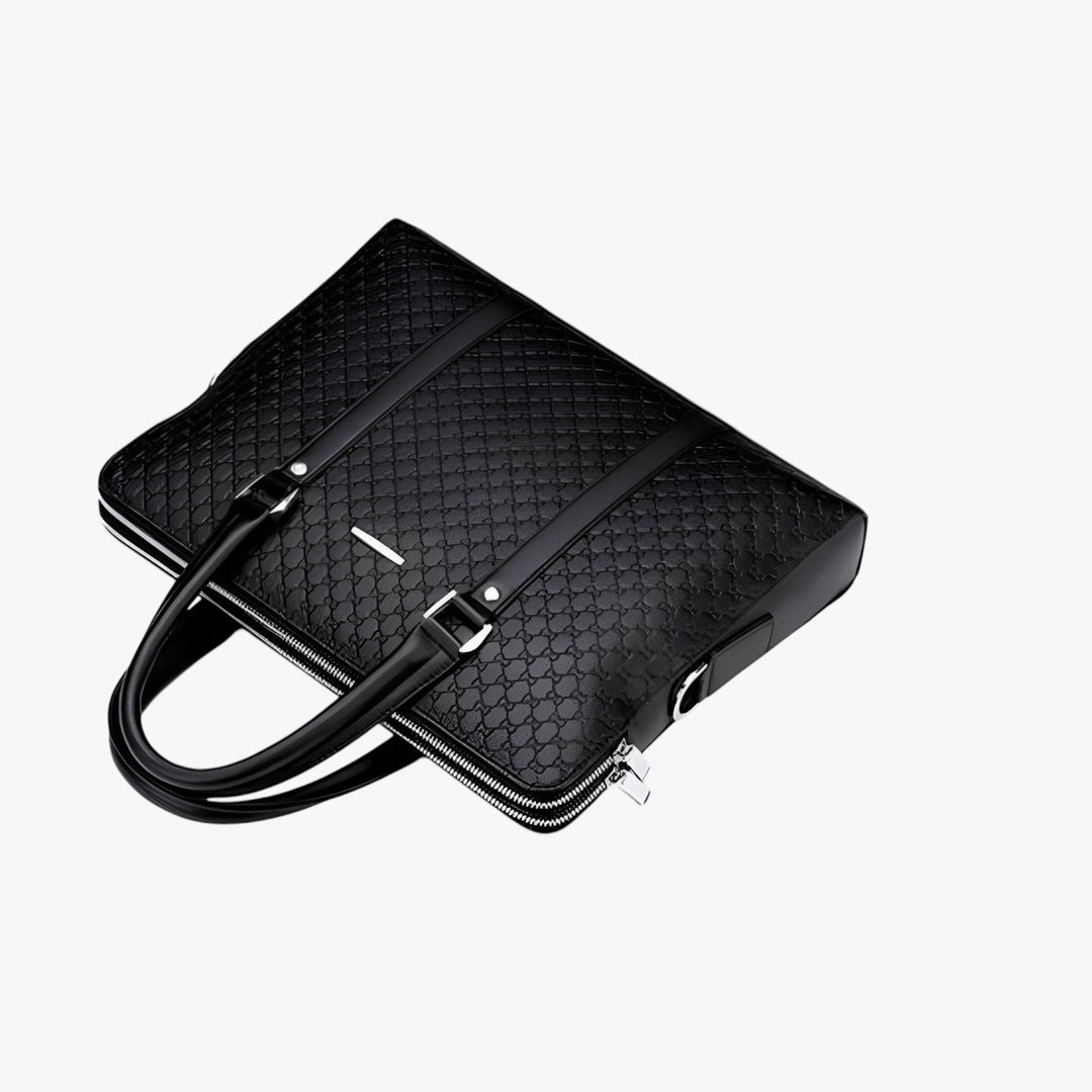 Borsa porta laptop uomo nera dal design elegante e minimalista, accessorio ideale per l'ufficio.