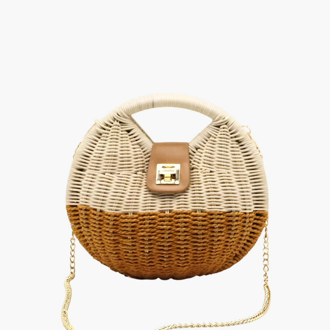 Borsa in paglia naturale da donna, forma rotonda, con tracolla, accessorio must-have per l'estate.