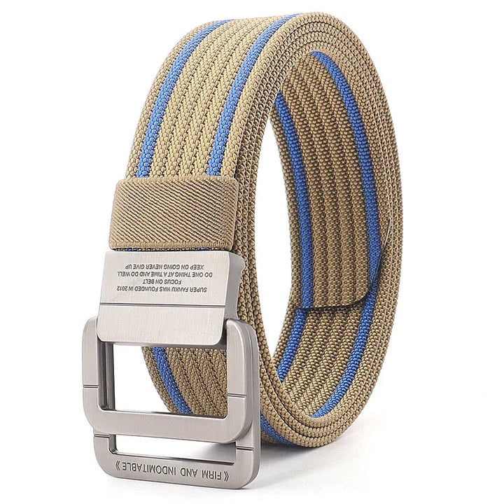 Cintura unisex casual a righe in tela con doppia fibbia metallica, versatile per jeans e pantaloni.