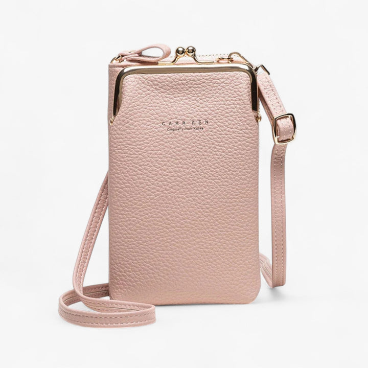 Interno portafoglio donna in pelle PU con cerniera, mostra scomparto cellulare e porta carte. Praticità al top.
