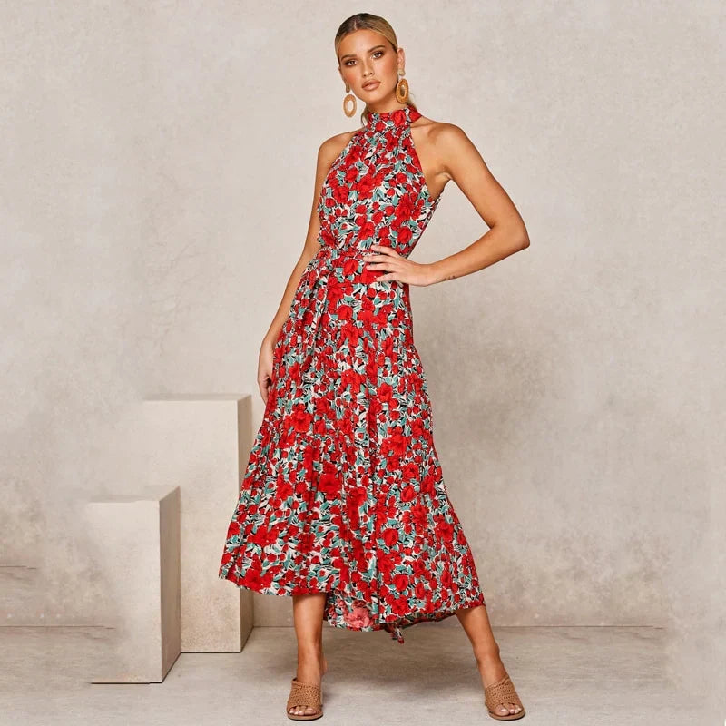 Vestito estivo fluido giallo per donna, maxi abito senza maniche con scollo annodato, casual o da cerimonia.