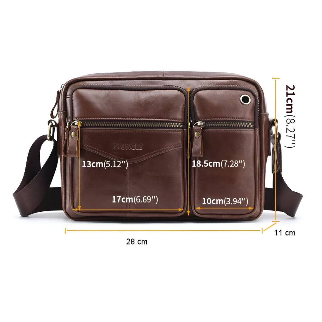 Vista frontale della borsa a tracolla multiscomparto, mostra tessuti resistenti e design funzionale.