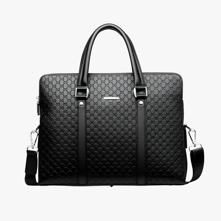 Dettaglio del materiale premium della borsa porta laptop uomo, con finiture eleganti per durabilità.