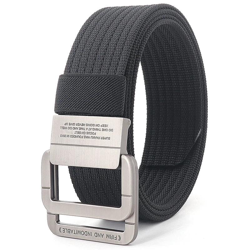 Cintura a righe in tela comoda e alla moda, con doppia fibbia in metallo. Perfetta per uomo e donna casual.