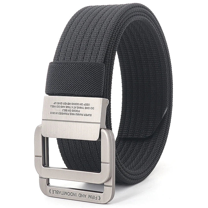 Cintura a righe in tela comoda e alla moda, con doppia fibbia in metallo. Perfetta per uomo e donna casual.