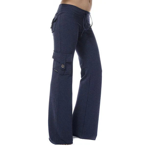 Pantaloni cargo svasati donna, vita elastica. Eleganza versatile, ideali per abbigliamento quotidiano e moda femminile.