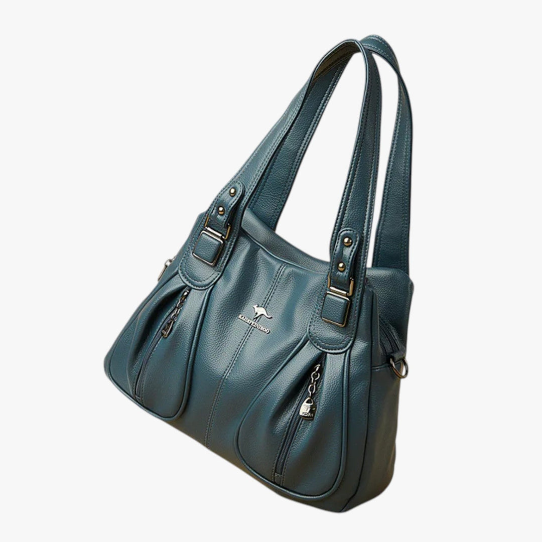 Borsa tote nera, accessorio donna essenziale con scomparti multipli per viaggio.