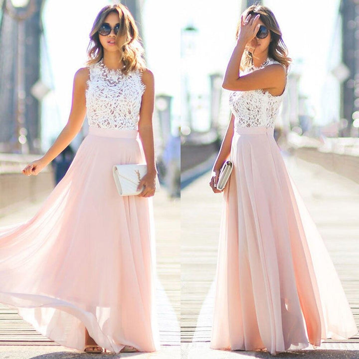 Abito lungo da donna rosa, un vestito estivo elegante e confortevole che incarna la moda e l'eleganza estiva.