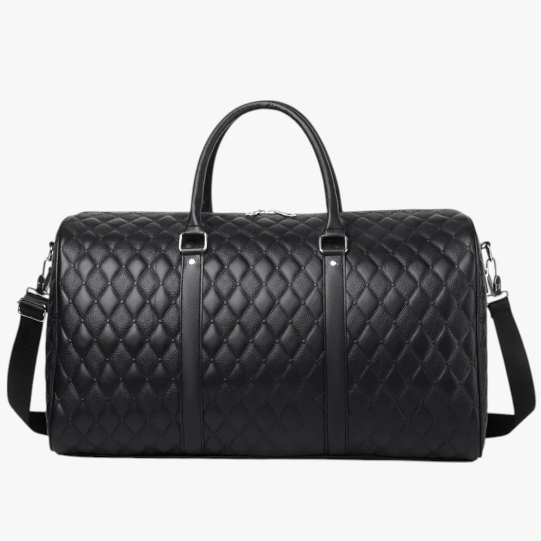 Borsone da viaggio uomo nero trapuntato elegante con tracolla, ideale per weekend e palestra.