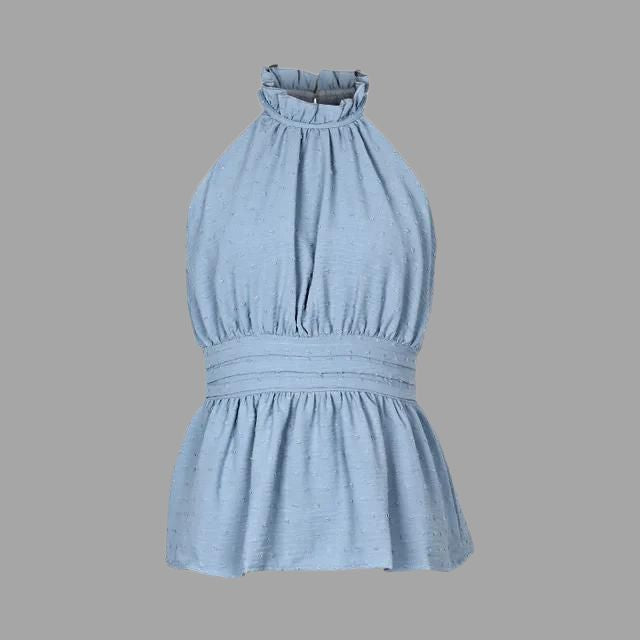 Moda femminile: top halter blu, elegante e senza maniche. Canotta estiva versatile, perfetta per stili casual chic.