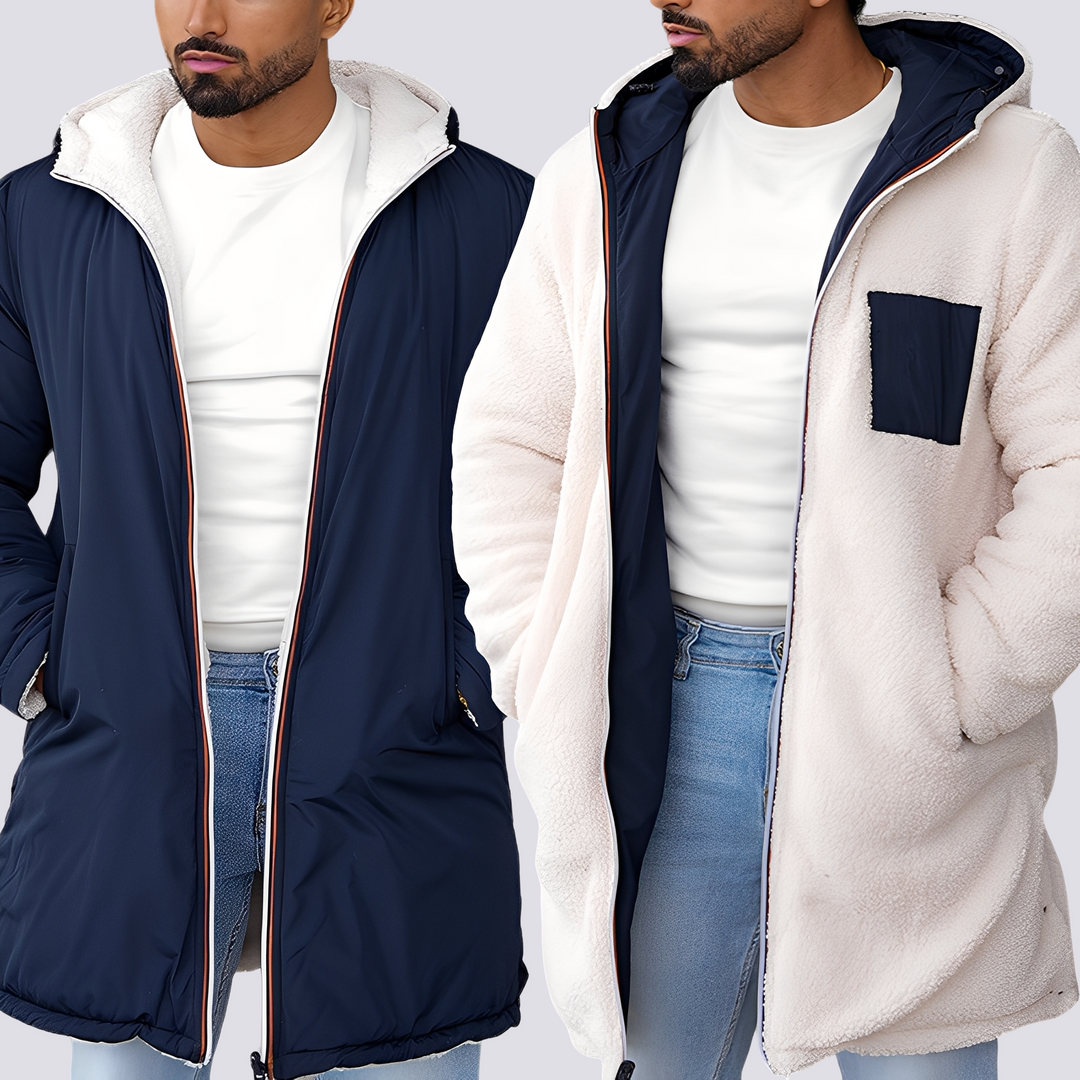 Giacca uomo reversibile con cappuccio per stile casual autunnale/invernale. Design versatile con tasche laterali.