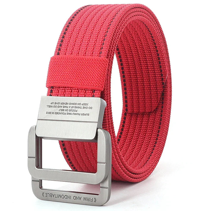 Accessorio moda casual: cintura a righe in tela con doppia fibbia ad anello in metallo per uomo e donna.