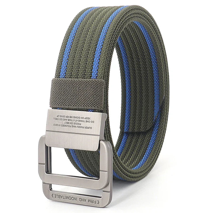 Cintura a righe moderna con doppia fibbia in metallo, in tela resistente. Accessorio unisex regolabile per jeans.