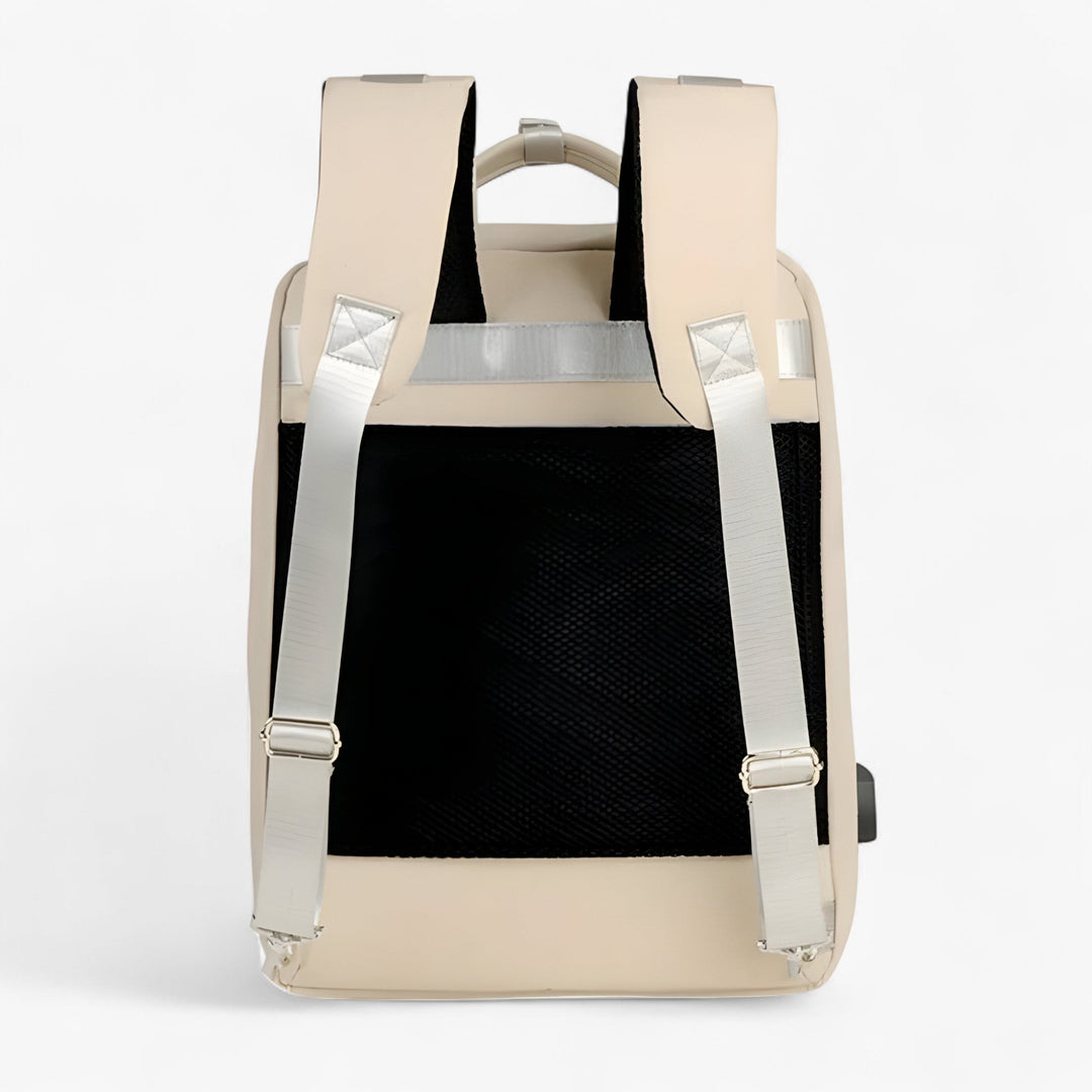 Zaino grigio minimalista in tessuto, comodo e chic per la donna moderna.