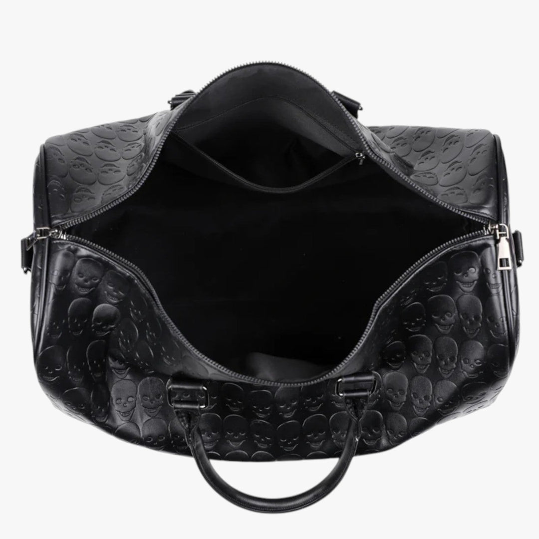 Borsone donna nero con teschio, accessorio viaggio elegante. Borsa spaziosa perfetta per weekend e gite.