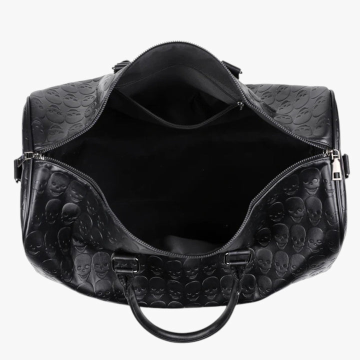 Borsone donna nero con teschio, accessorio viaggio elegante. Borsa spaziosa perfetta per weekend e gite.