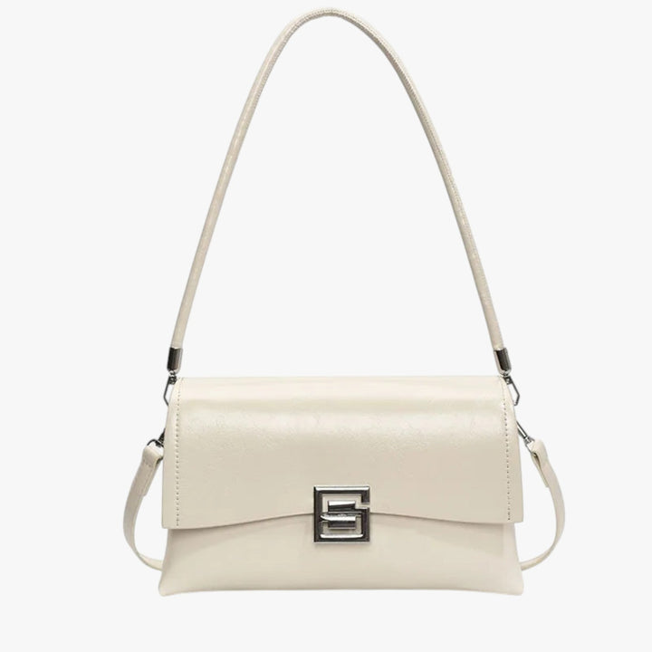 Borsa donna taupe elegante in materiale sintetico, con chiusura a patta e tracolla. Un accessorio moda versatile.