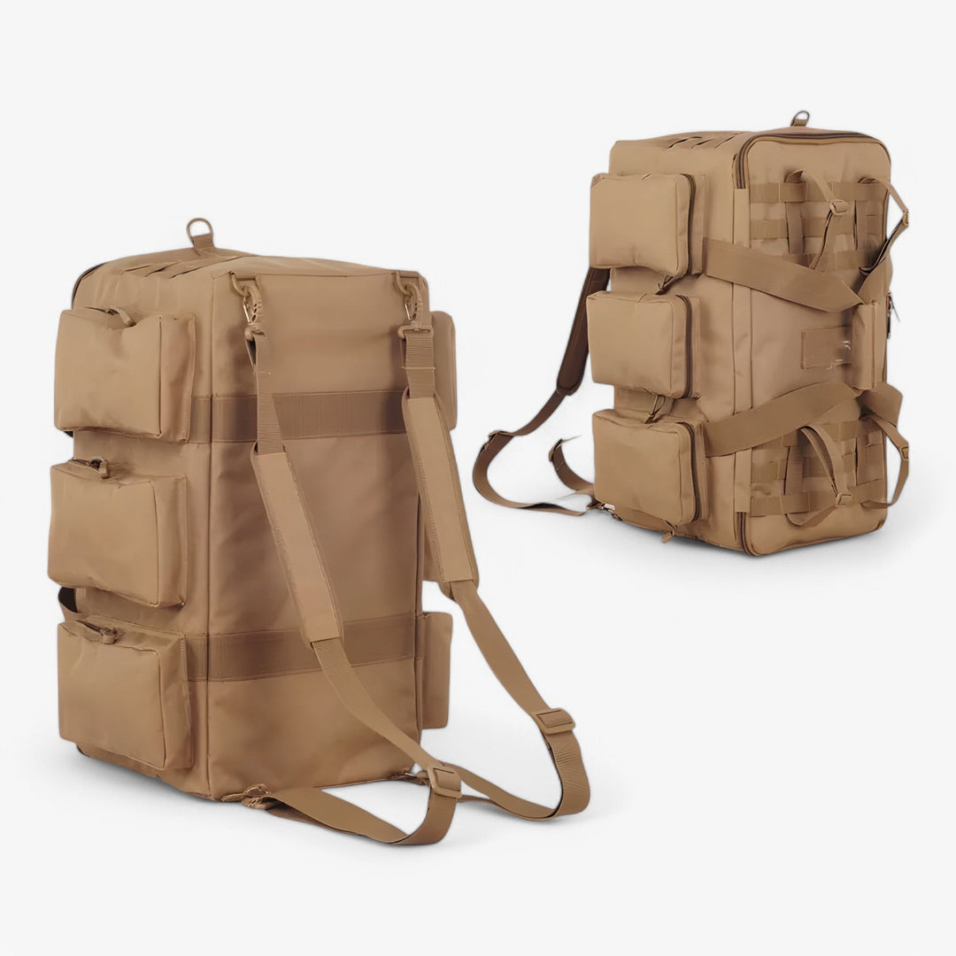 Borsa da viaggio uomo kaki capienza 55L con tracolla regolabile, robusta per sport, weekend e avventure.
