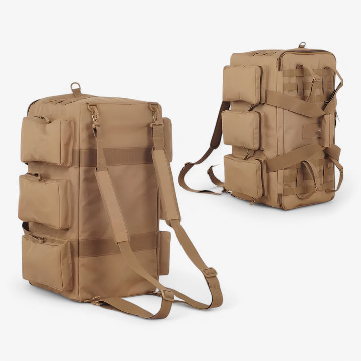 Borsa da viaggio uomo kaki capienza 55L con tracolla regolabile, robusta per sport, weekend e avventure.