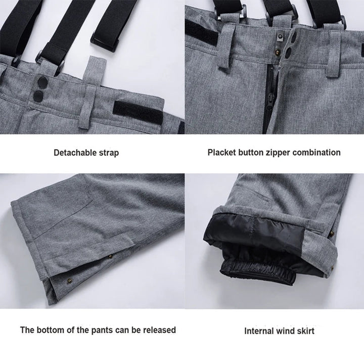 Pantaloni uomo impermeabili per sci e snowboard, con bretelle e rinforzi per durabilità sulla neve.