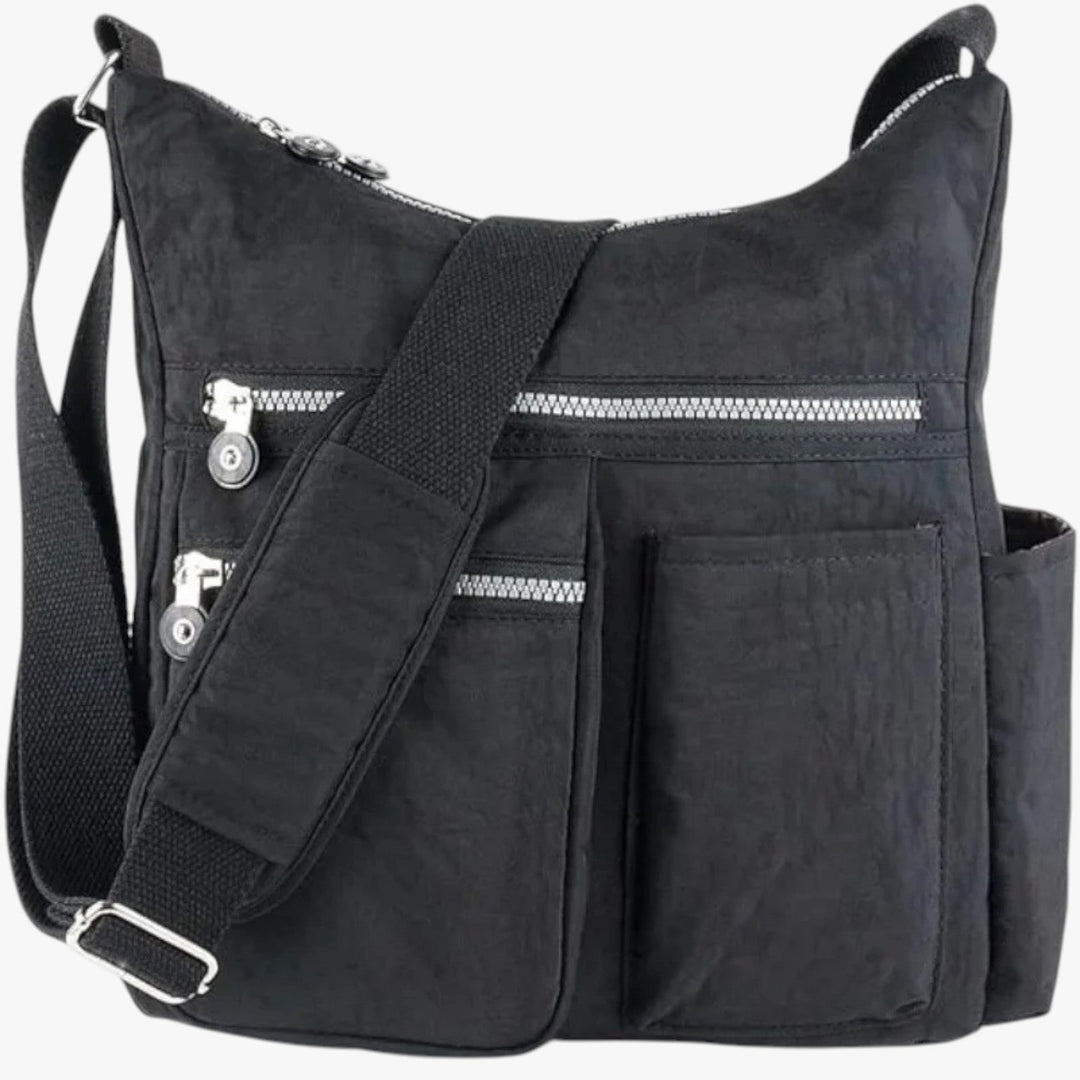 Borsa a tracolla unisex multitasche nera, ideale per viaggio o uso quotidiano, pratica e sicura.