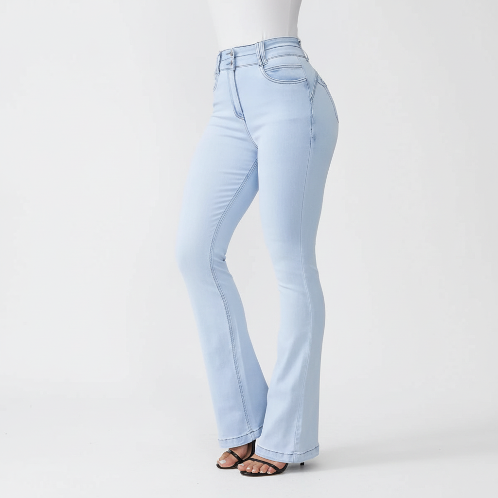 Eleganti jeans bootcut da donna a vita alta modellanti stretch, ideali per un look femminile e moderno.