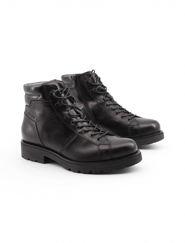 Scarponcini uomo neri in pelle con lacci, tacco 4 cm. Design elegante e casual per ogni occasione.