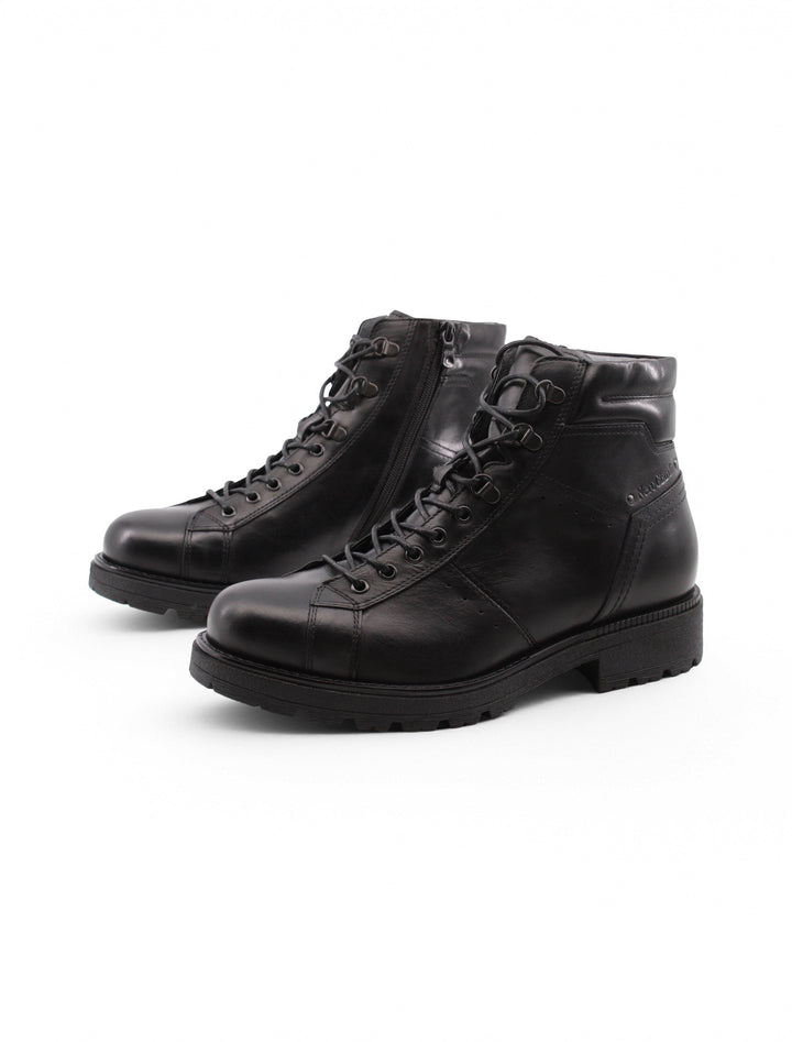Scarponcini uomo in pelle nera, con lacci resistenti, suola antiscivolo e tacco 4 cm per comfort.