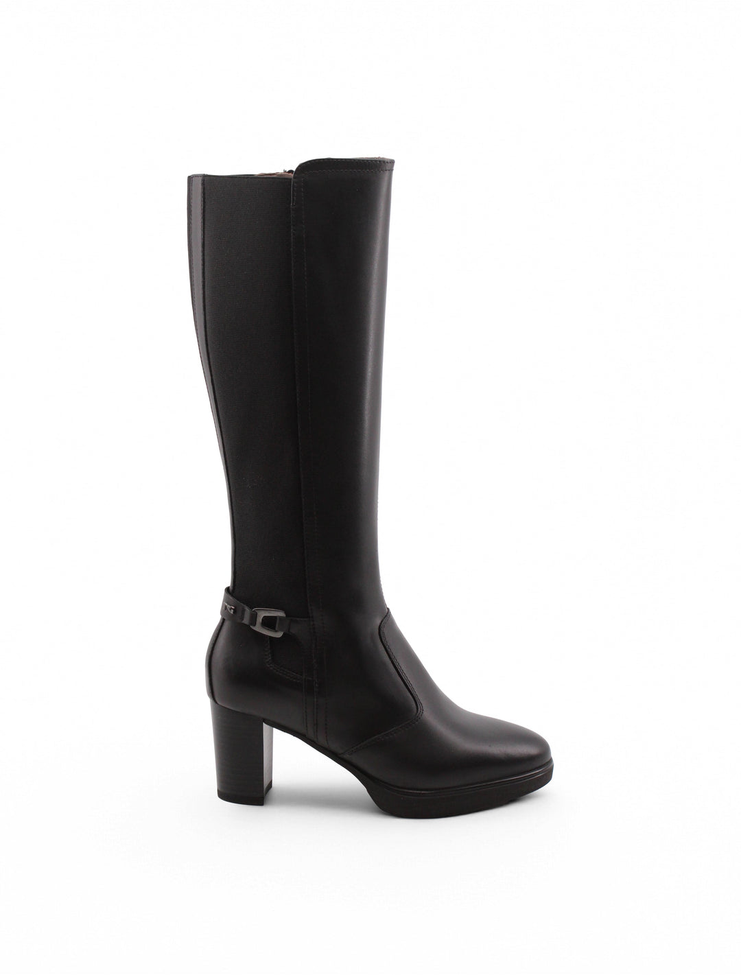 Eleganti stivali donna neri in pelle, con tacco robusto 7,5 cm e plateau 2 cm, per un tocco di moda.