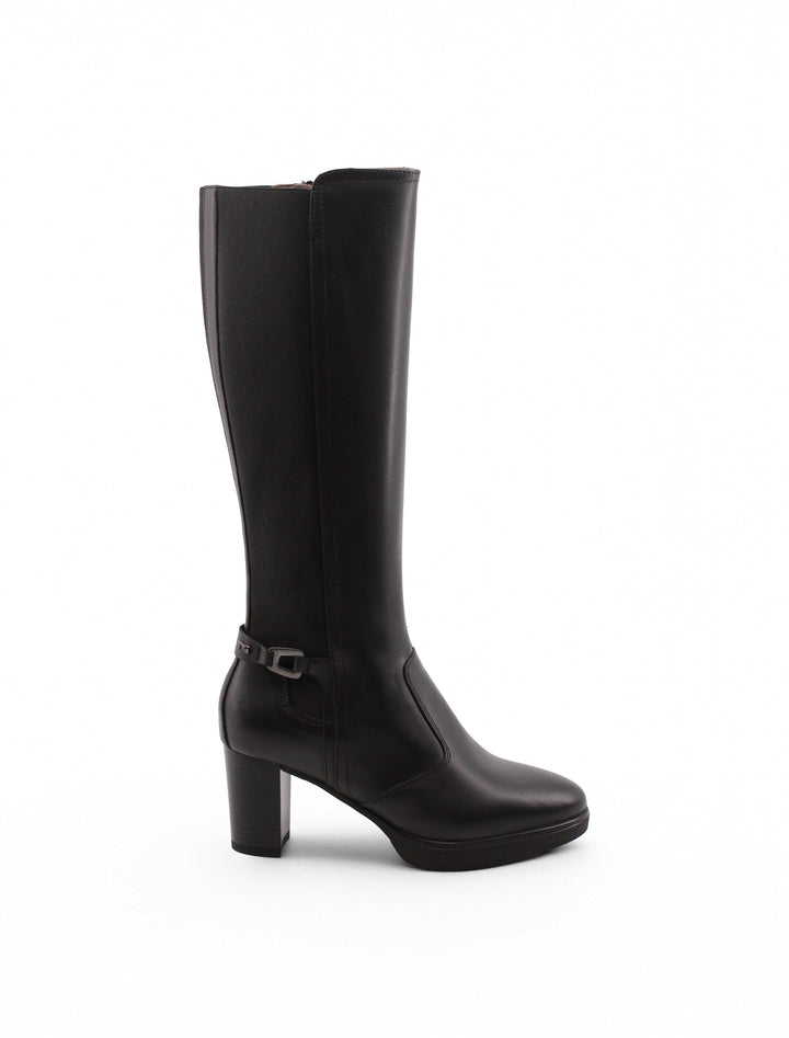 Eleganti stivali donna neri in pelle, con tacco robusto 7,5 cm e plateau 2 cm, per un tocco di moda.