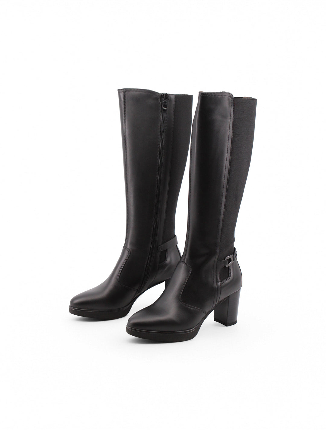 Stivali in pelle neri da donna, con tacco 7,5 cm e plateau 2 cm, ideali per comfort e stile casual invernale.