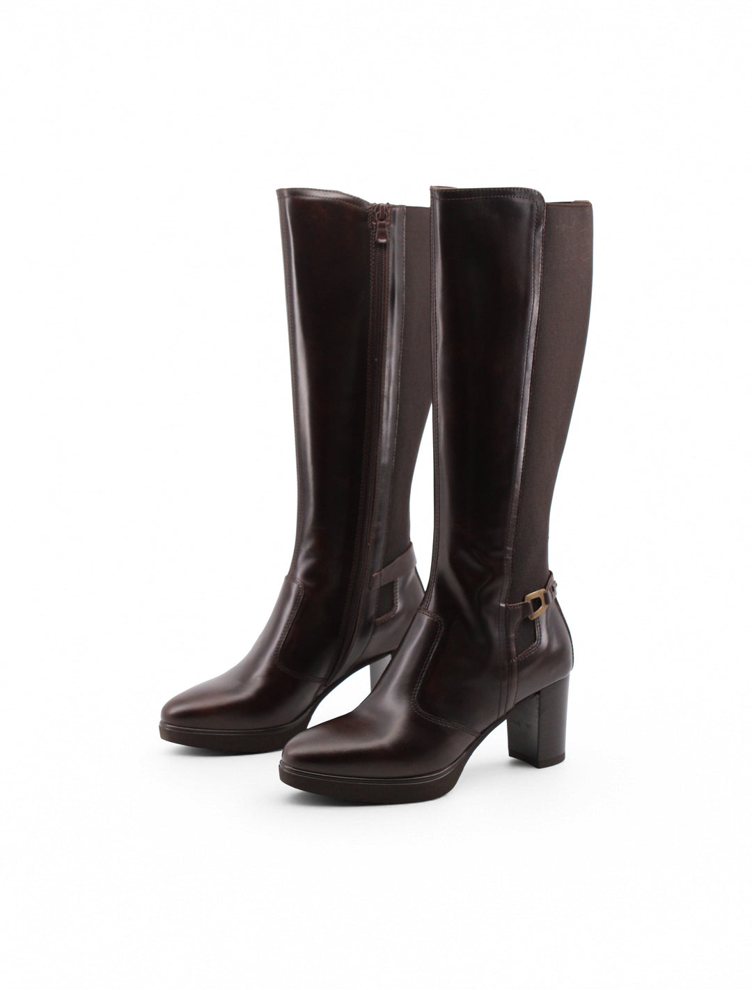 Stivali da donna marroni in vera pelle, con tacco 7.5cm e plateau 2cm, ideali per un look autunnale chic.