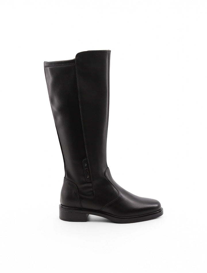 Stivali donna neri in pelle genuina, tacco basso 3cm e zip. Ideali per look eleganti e comfort quotidiano.