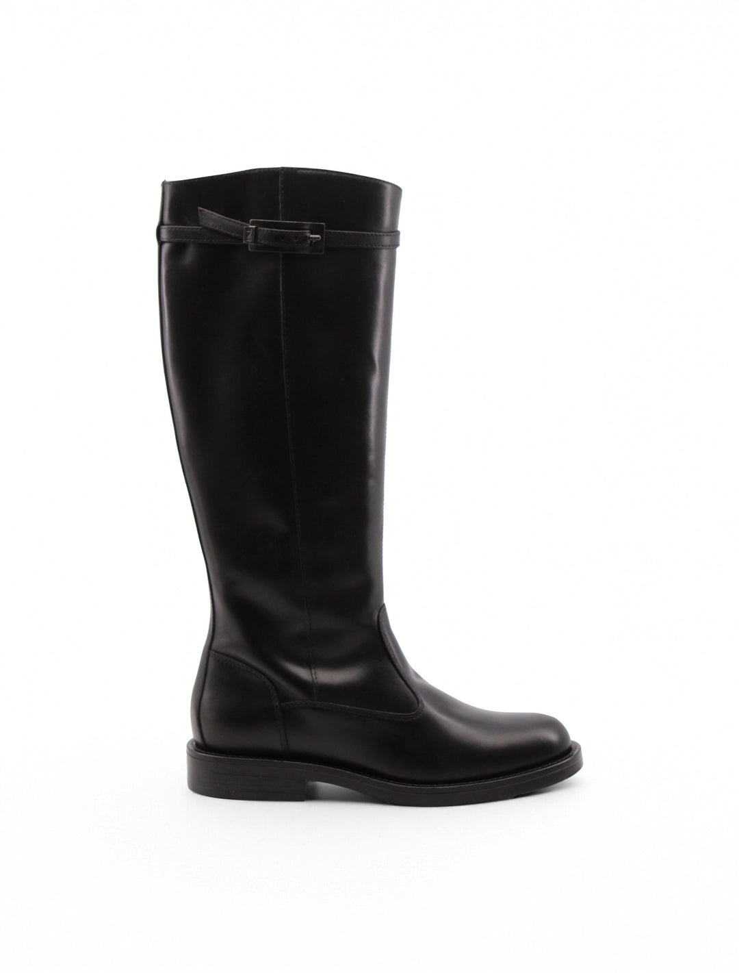 Stivali neri in pelle da donna, versatili e alla moda, con tacco 3 cm e dettaglio cinturino. Ideali per ogni occasione.