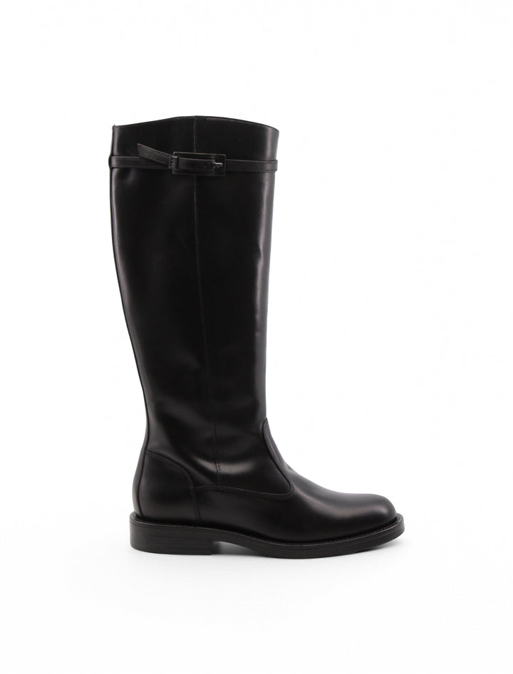 Stivali neri in pelle da donna, versatili e alla moda, con tacco 3 cm e dettaglio cinturino. Ideali per ogni occasione.