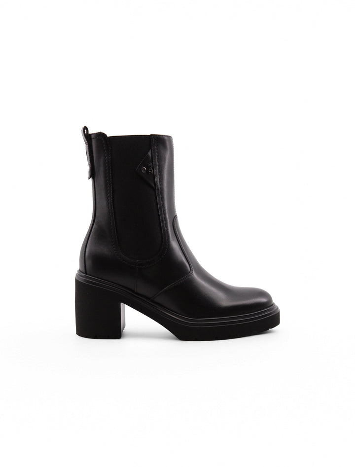 Eleganti stivaletti Chelsea neri in pelle da donna, con plateau e tacco alto, ideali per autunno/inverno.