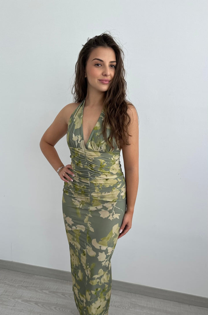 Abito midi donna kaki elegante e versatile, perfetto per look chic primavera estate, vestibilità comoda taglia unica.