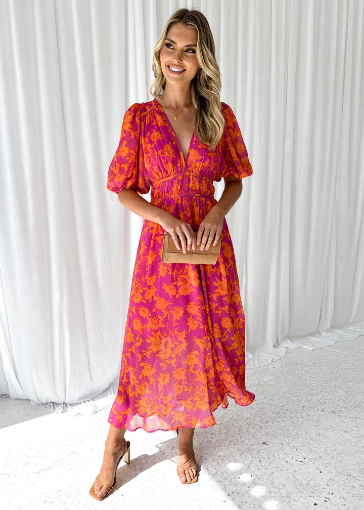 Elegante abito da sera lungo donna rosa arancione con scollo a V, ideale per matrimoni, cerimonie e cocktail.