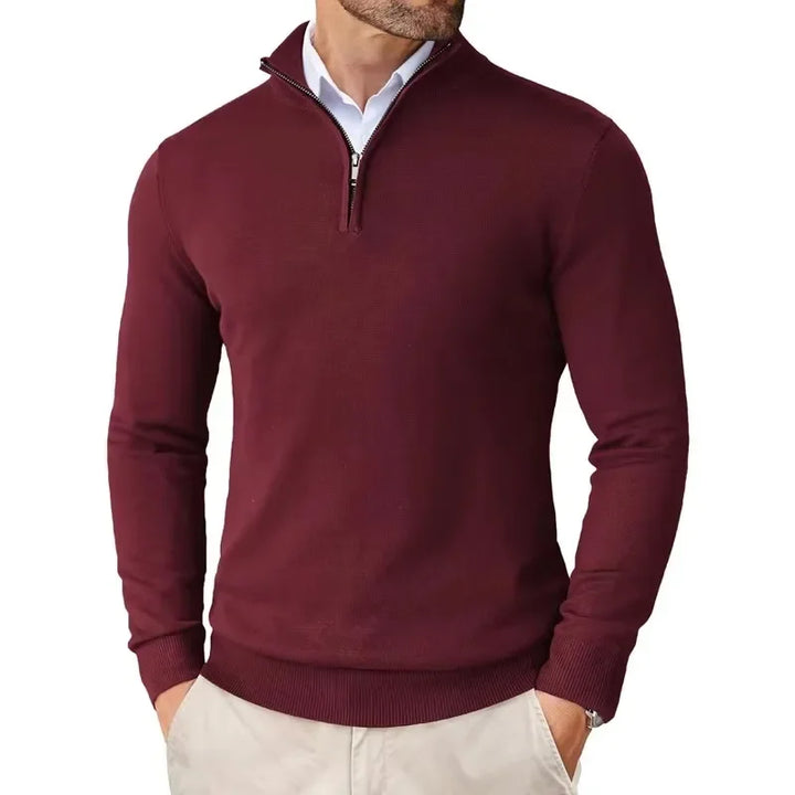 Pullover uomo mezza zip, ideale per abbigliamento casual o semi-formale, stile moderno e comfort.