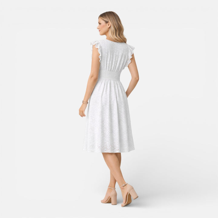 Moda estiva: abito midi donna con scollo a V, vestito elegante per eventi e outfit estivi.